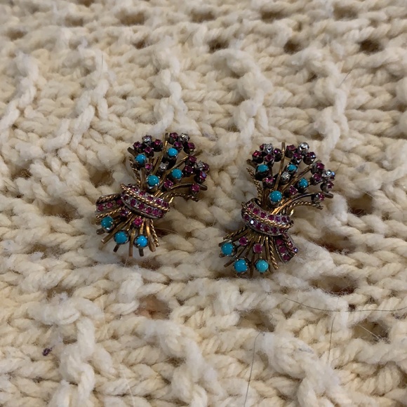 Vintage Earrings Rubies Diamonds & Turquoise - Picture 4 of 7